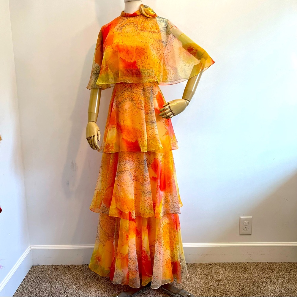 🎉HP🎉 Vintage Miss Elliette California Floral Chiffon Layered Caplet Maxi Dress